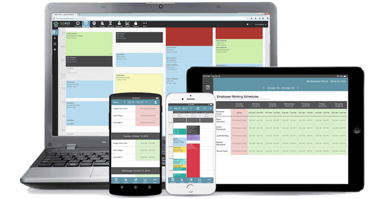 Laptop, tablet and two smartphones showing an online scheduling tool